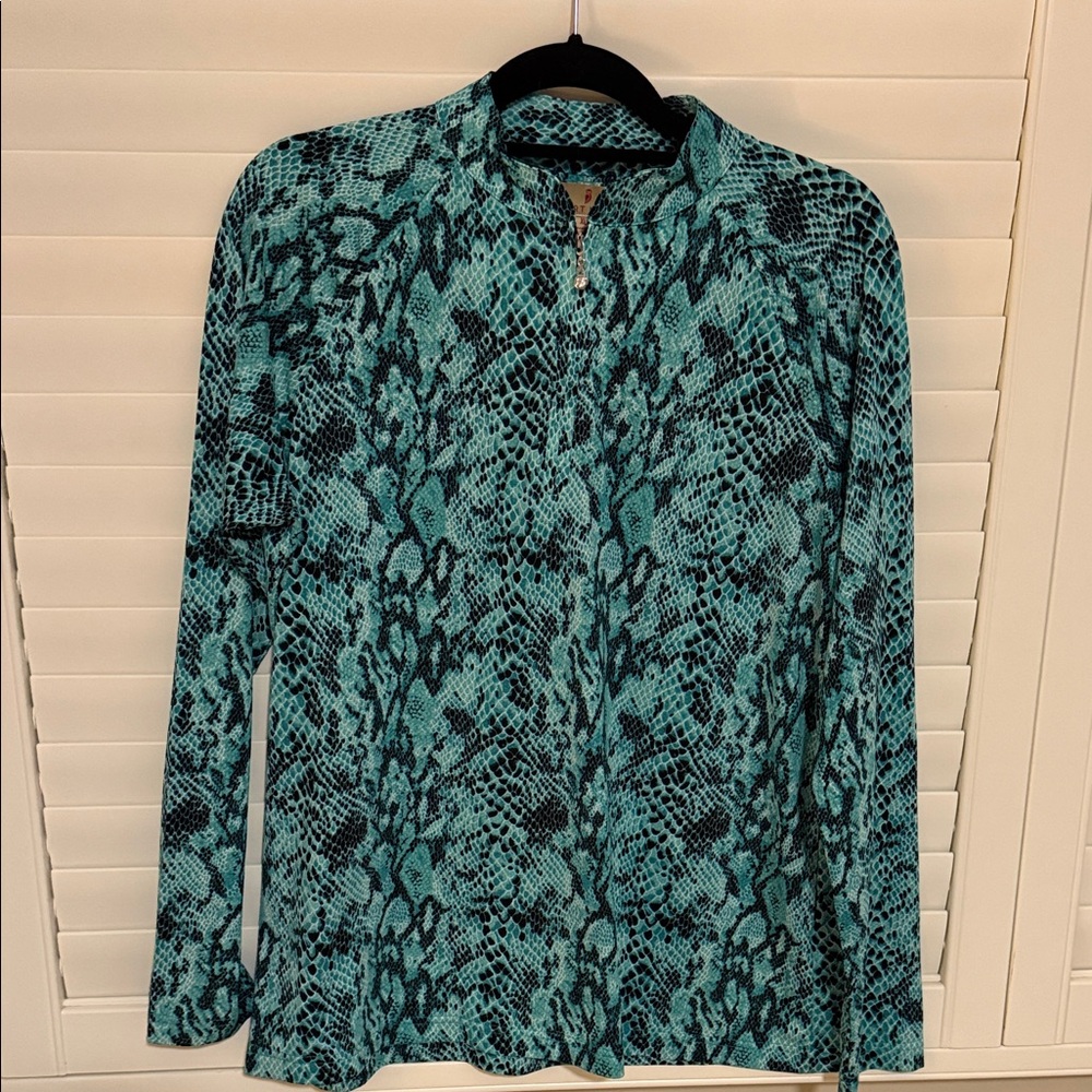 Sport Haley Teal and Black Snake Print quarter zip Down Shirt